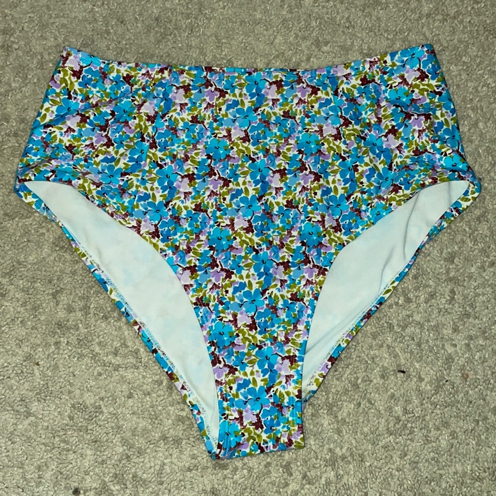 blue floral high waisted bathing suit bottoms